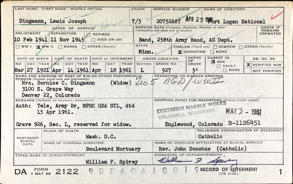 U.S. National Cemetery Interment Record for Lewis Joseph Dingmann