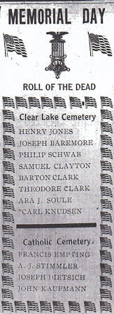 Newspaper column listing Memorial Day Roll of the Dead from The Clear Lake Times, 29 May 1919, p. 5, col. 2