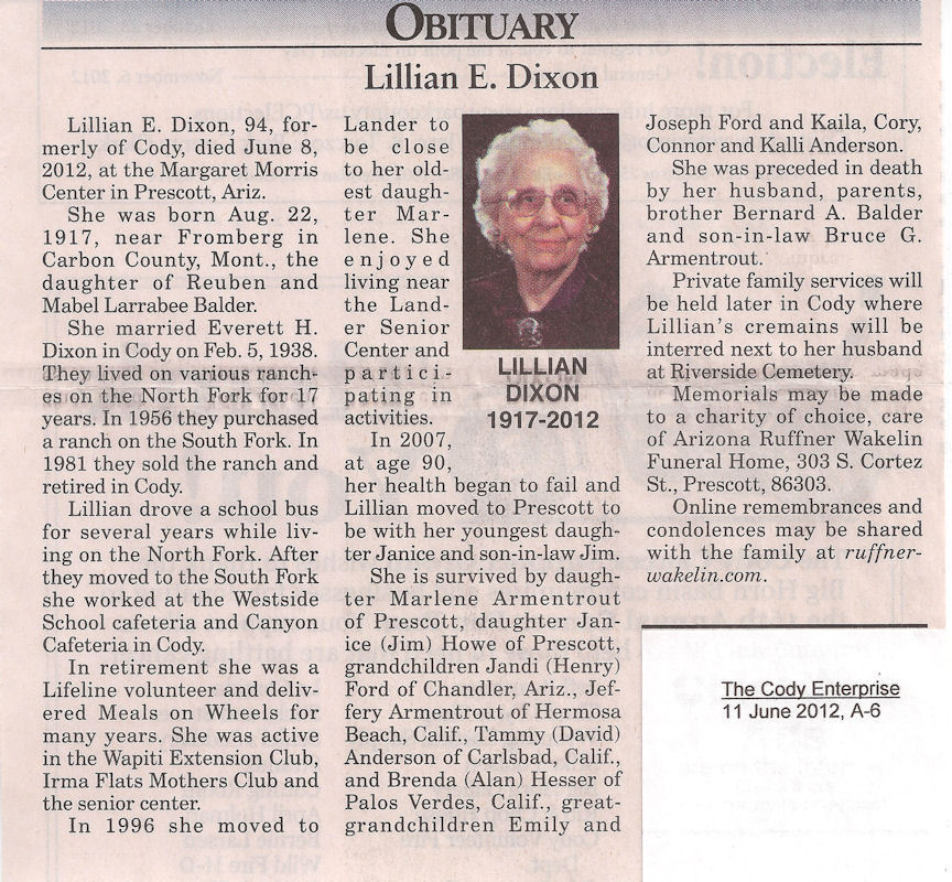 Obituary of Lillian E. Dixon, The Cody Enterprise, June 11, 2012, p. A-6