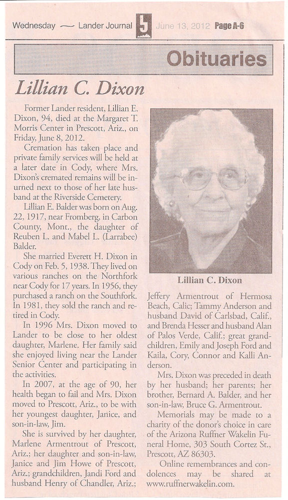 Obituary of Lillian E. Dixon, Lander Journal, June 13, 2012