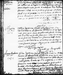 Click here to zoom to St-Martin Parish Baptismal Record of Maria Tr&ouml;sch, January 1691.