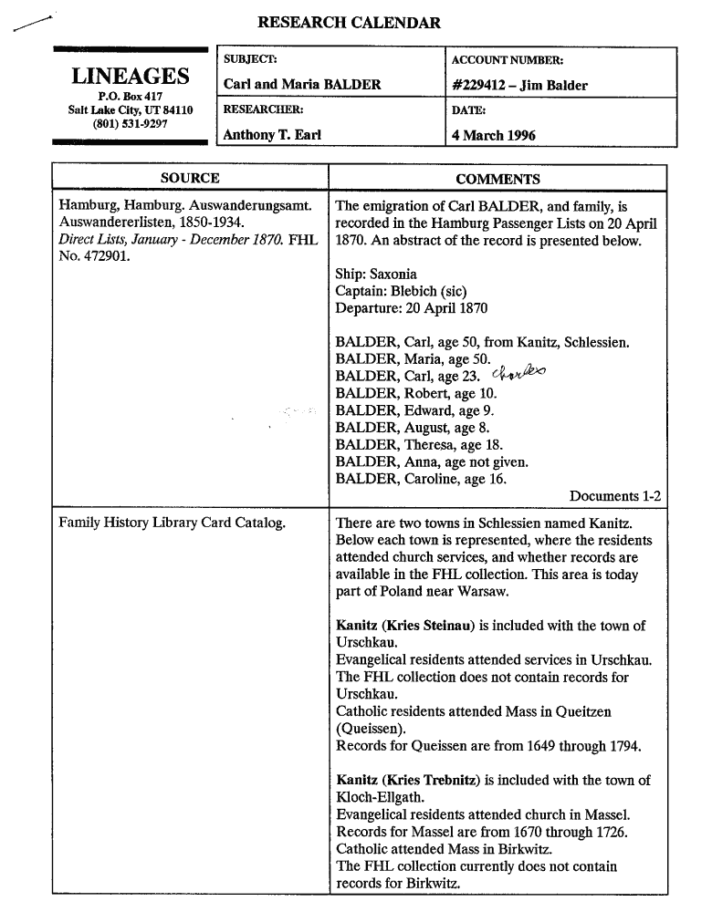 Lineages Research Calendar on Carl and Maria Balder, courtesy of Jim Balder.