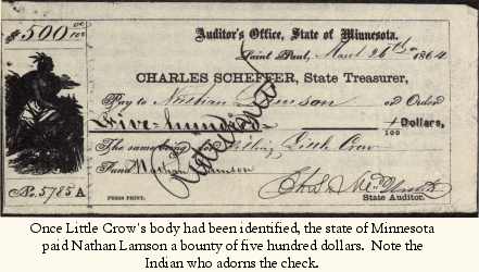Bounty check of $500 paid to Nathan Lamson for killing Little Crow.