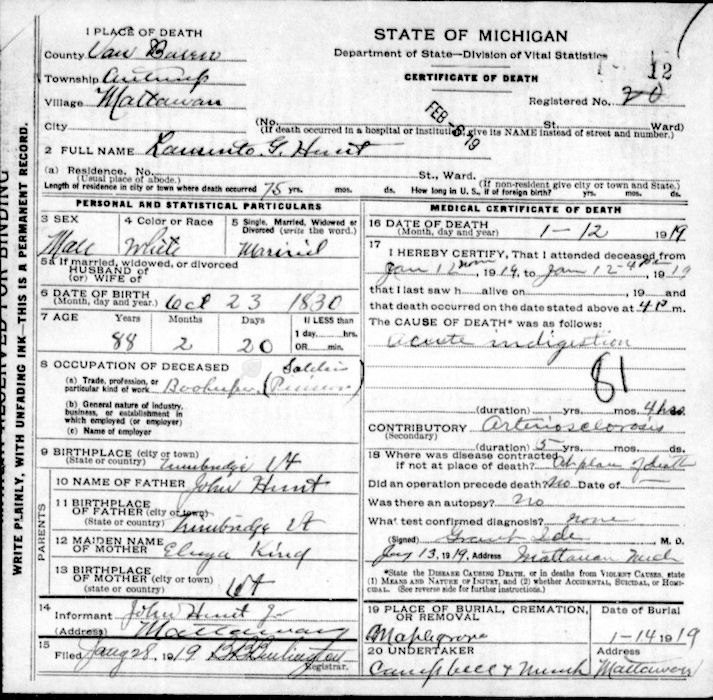 Laurentio G. Hunt death certificate, Kalamazoo MI