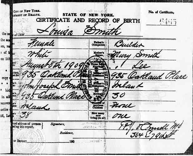 Certificate of Birth for Louisa Smith.
