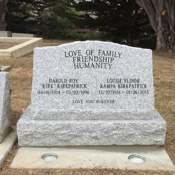 Kirk and Louise Kirkpatrick's gravestone, Resurrection Catholic Community Church Cemetery, Aptos, Santa Cruz, California
