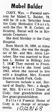 Billings Gazette Obituary of Mabel Balder.