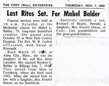 The Cody Enterprise Obituary of Mabel Balder, Thursday, November 7, 1968.