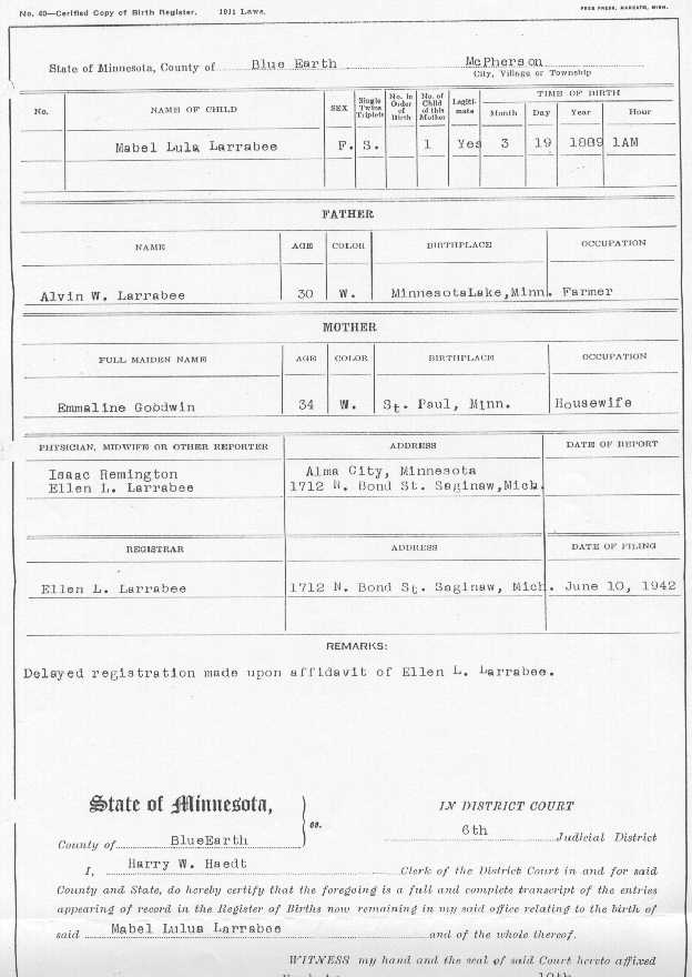 Register of Birth Record for Mabel Lula Larrabee