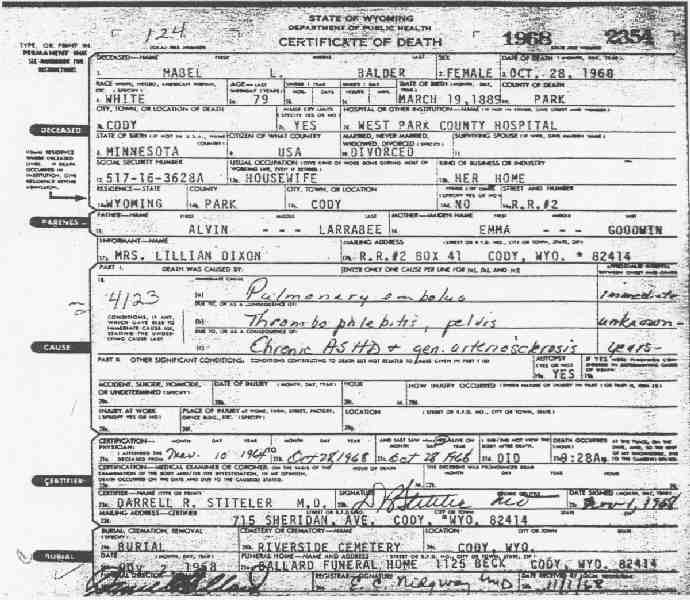 Certificate of Death for Mabel L. Balder