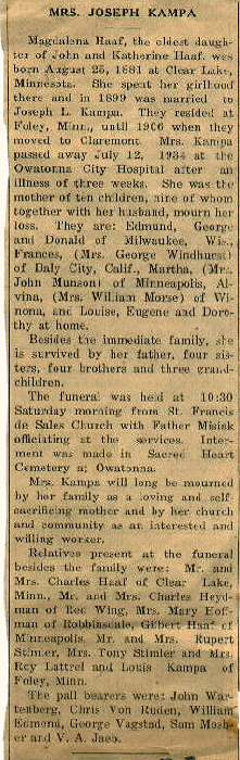 Obituary of Magdalena Kampa (n&eacute;e Haaf)