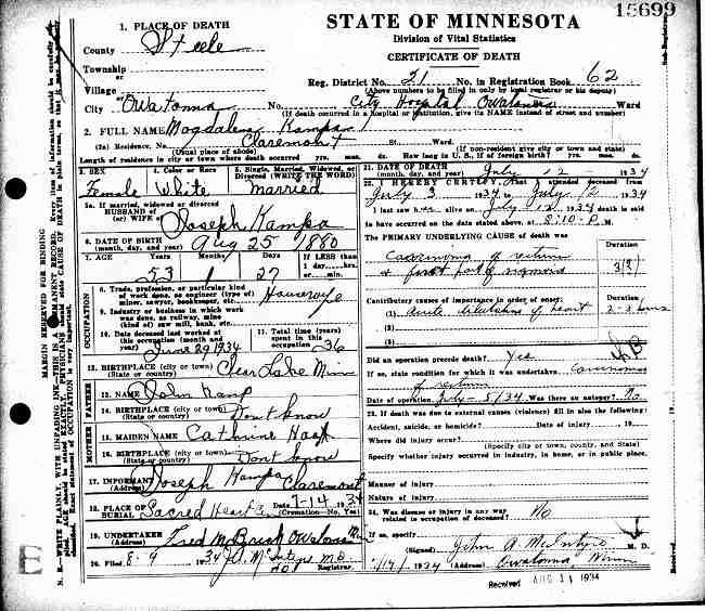 Certificate of Death for Magdalena Kampa (n&eacute;e Haaf).