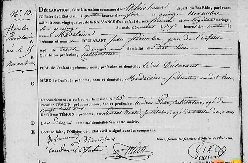 Magdalene C. Stimmler birth record, Nov. 15, 1824
