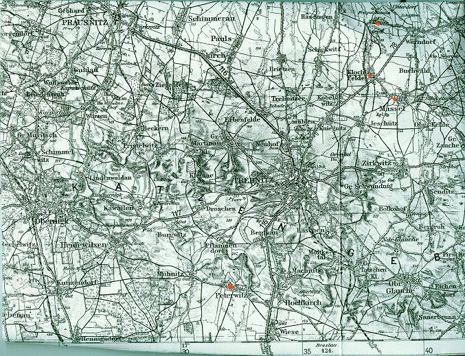 Click here to go to full-size version of this Map of Kanitz, Peterwitz, Massel and Kloch Felder.