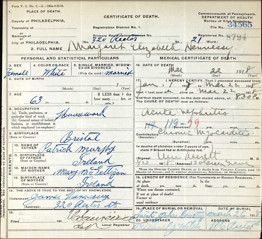 Death Certificate for Margaret Elizabeth Hennessey