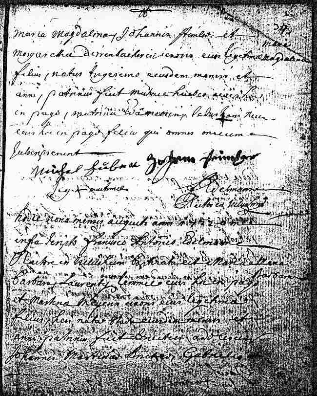 First page of St-Martin Parish Baptismal Record of Maria Magdalena Stimmler, July 1722.