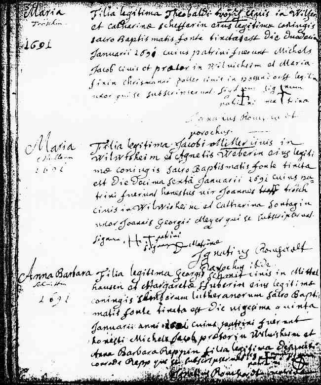 St-Martin Parish Baptismal Record of Maria Tr&ouml;sch, January 1691.