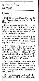 Obituary of Mrs. Marie Parent, St. Cloud Times, June 27, 1979.