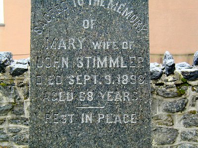 Gravestone front panel showing Mary Stimmler, aged 68 at time of death.