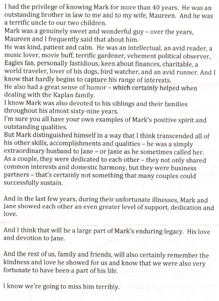 Remembrance of Mark Stimmler by his brother-in-law