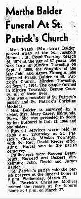 Obituary of Martha Balder (née Flanagan) - 'Martha Balder Funeral at St. Patrick's Church.'