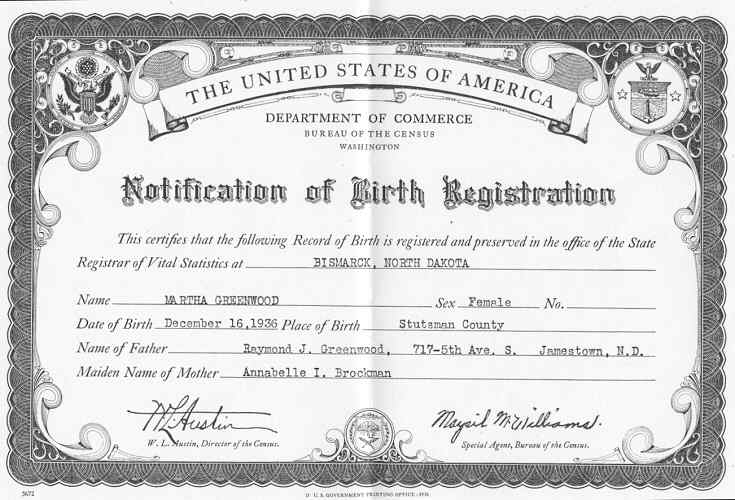 Notification of Birth Registration for Martha Greenwood.