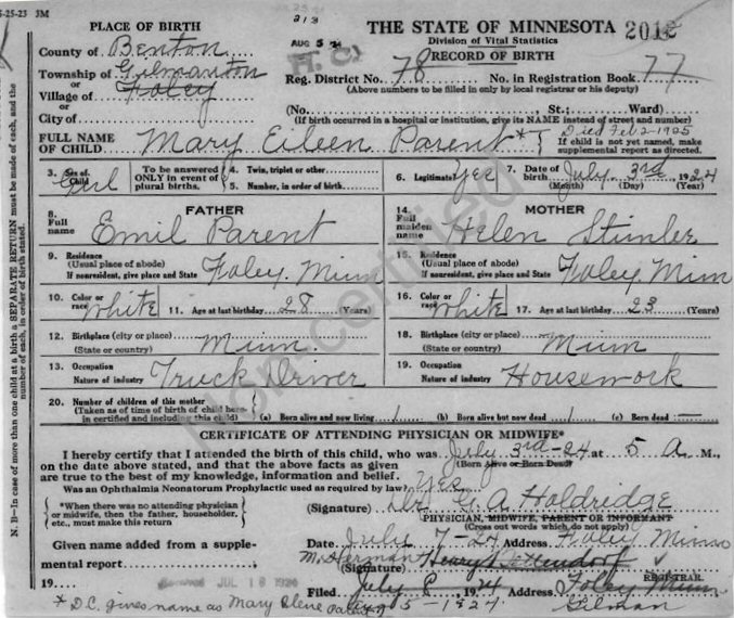 Record of Birth for Mary Eileen Parent