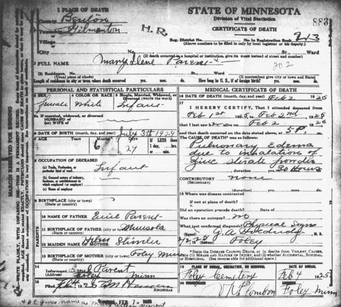 Record of Birth for Mary Eileen Parent