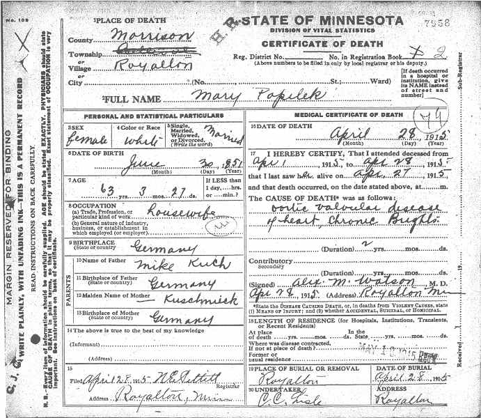 Certificate of Death for Mary Popilek (n&eacute;e Kutz).