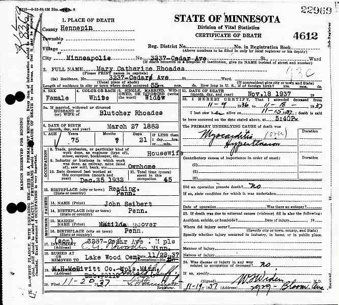 Certificate of Death for Mary Catherine Rhoades.