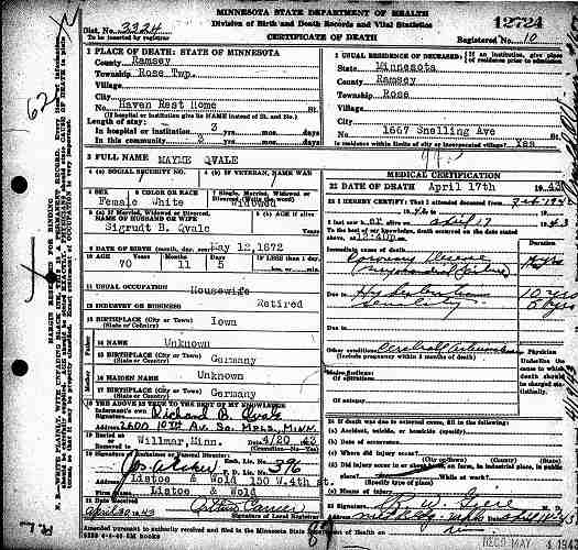 Certificate of Death for Mayme Qvale.
