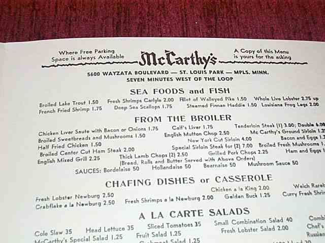 Close-up of McCarthy's Restaurant Menu