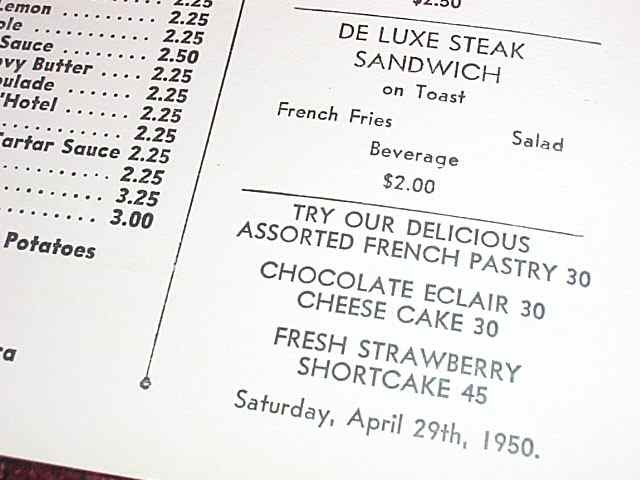 Close-up of McCarthy's Restaurant Menu, dated Saturday, April 29th, 1950