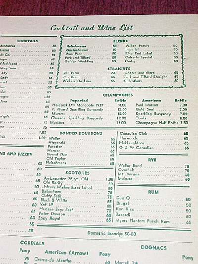 Close-up of McCarthy's Restaurant Coctail and Wine List
