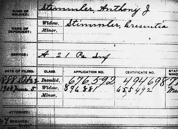 Franz Anton Stimler's Government Index Card for Civil War Military Pension.