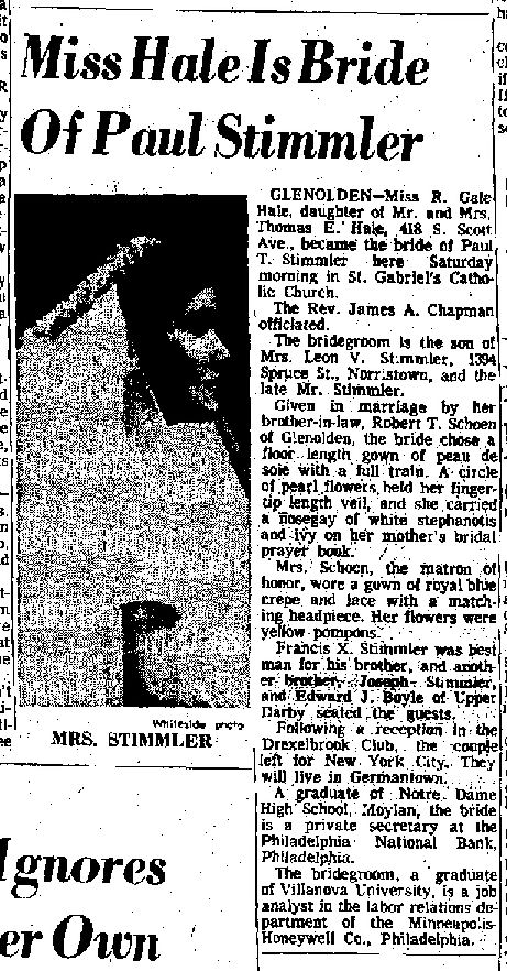 Miss Hare Is Bride of Paul Stimmler, Delaware County Daily Times