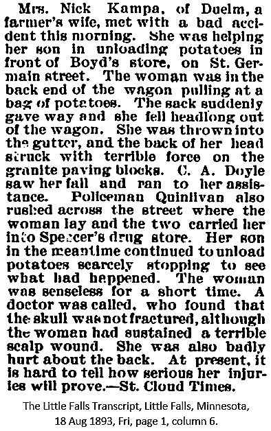 The Little Falls Transcript, Little Falls, MN 18 Aug 1893 newspaper article about Mrs. Nick Kampa head fracture