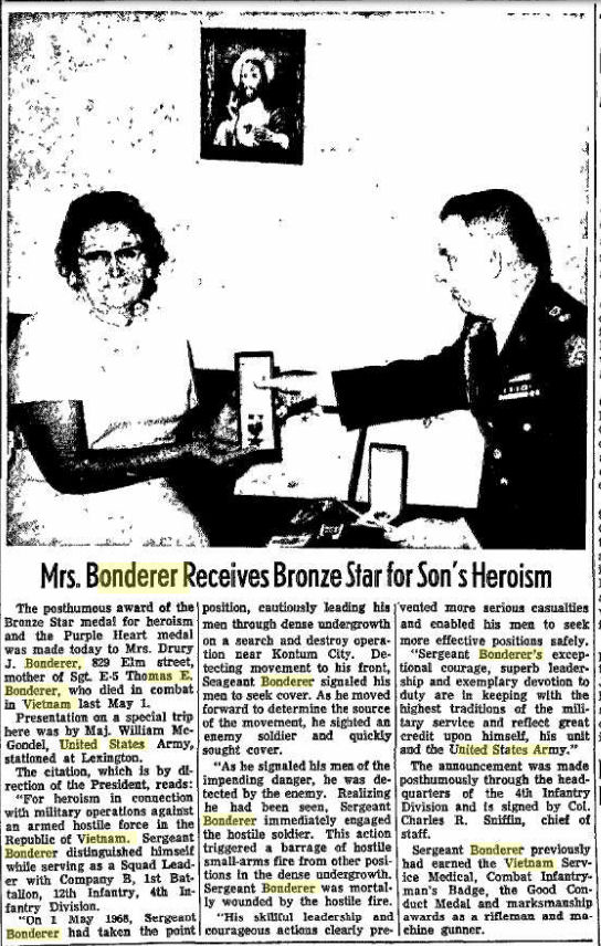 Mrs. Bonderer Receives Bronze Star for Son's Heroism, The Constitution Tribune, Chillicothe, MO, Sept. 14, 1968