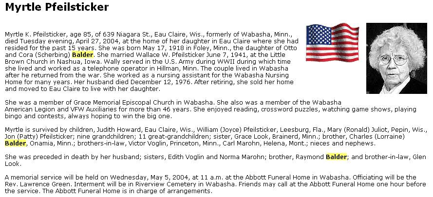 Obituary of Myrtle K. Pfielsticker (née Balder)