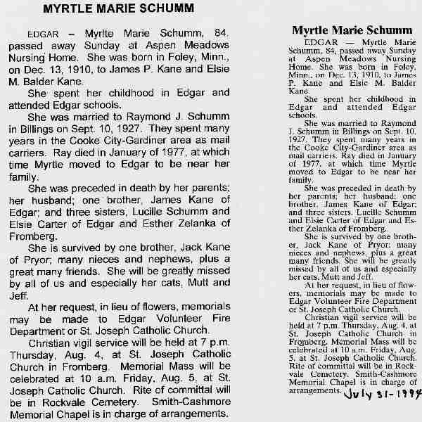 Obituary of Myrtle Marie Schumm
