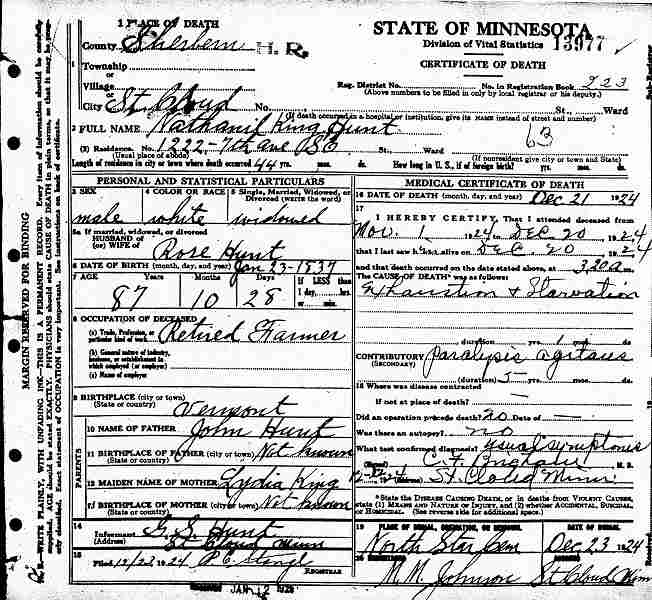 Certificate of Death for Nathaniel King Hunt.