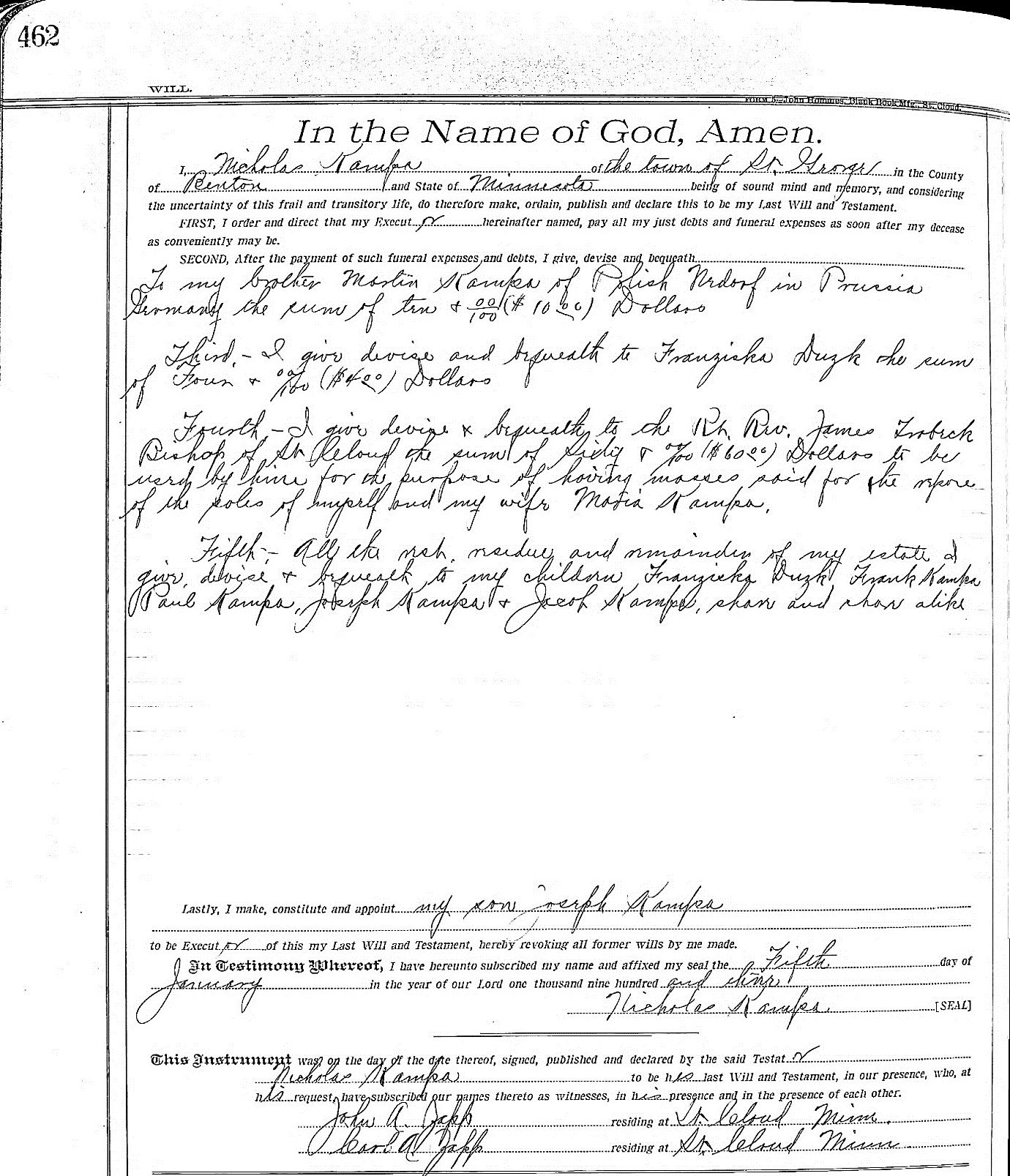 Will of Nicholas Kampa, 1903