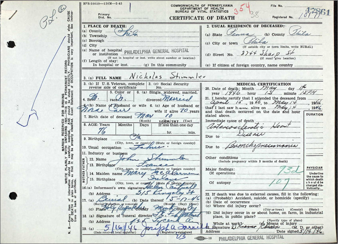 Nicholas Stimmmler's Certificate of Death
