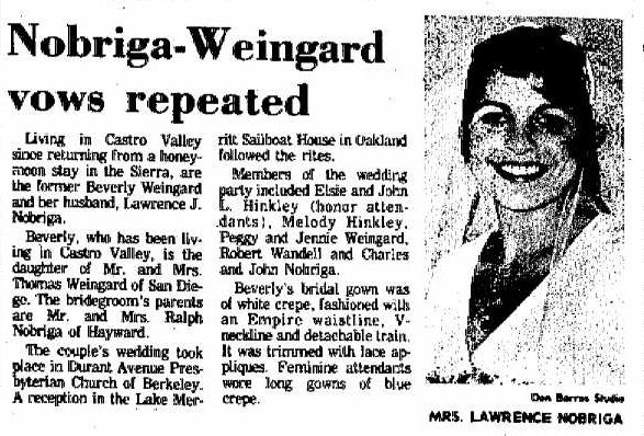 Nobriga-Weingard Vows Repeated, Daily Review, Hayward, CA, March 7, 1965