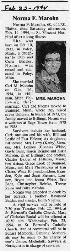 Obituary of Norma F. Marohn, Feburary 22, 1994, Billings, Montana