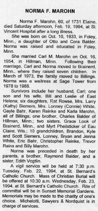 Obituary of Norma F. Marohn, Feburary 22, 1994, Billings, Montana