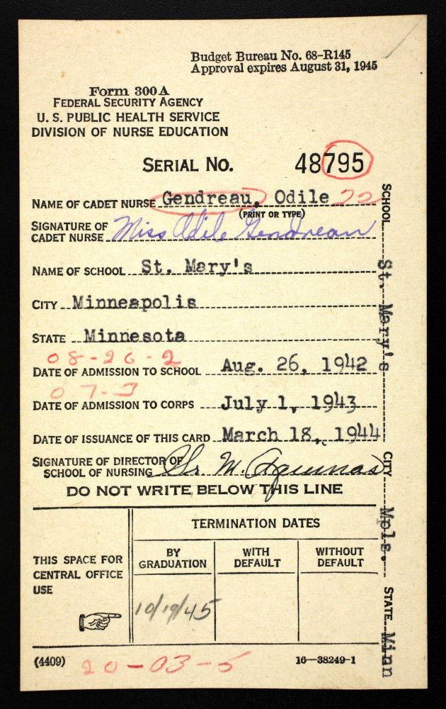 U.S., World War II Cadet Nursing Corps Card Files, 1942-1948 for Odile Gendreau