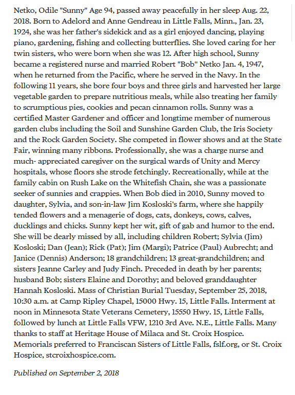 Obituary of Odile "Sunny" Netko