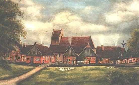 'Old Osterwick Before the Turn of the Century,' painted by Martin Holz, 1963.  
The arrow shows the residence of the emigrated Heinrich Voerding family, of whom he tells the story.