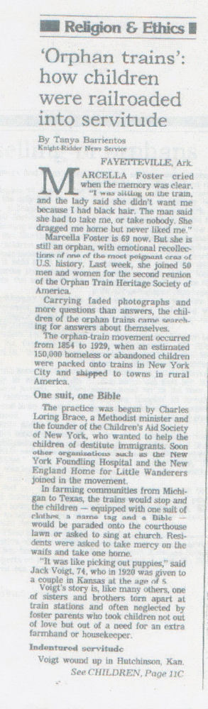 First page of San Jose Mercury newspaper article entitled 'Orphan Trains': how children were railroaded into servitude